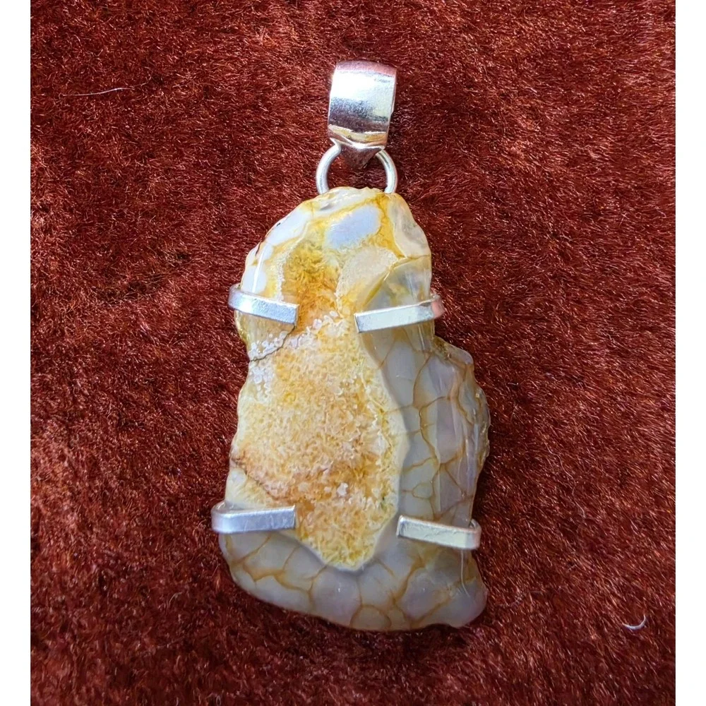 Vintage Sterling‎ Silver And Agate Pendant Charm Orange White Boho Crystal